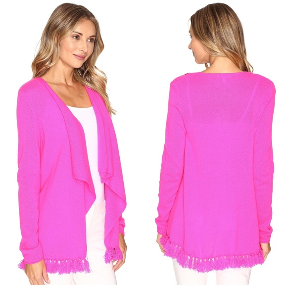 Lilly Pulitzer Sweaters - LILLY PULITZER ALINA MAGENTA PINK CASHMERE FRINGE WRAP CARDIGAN SWEATER